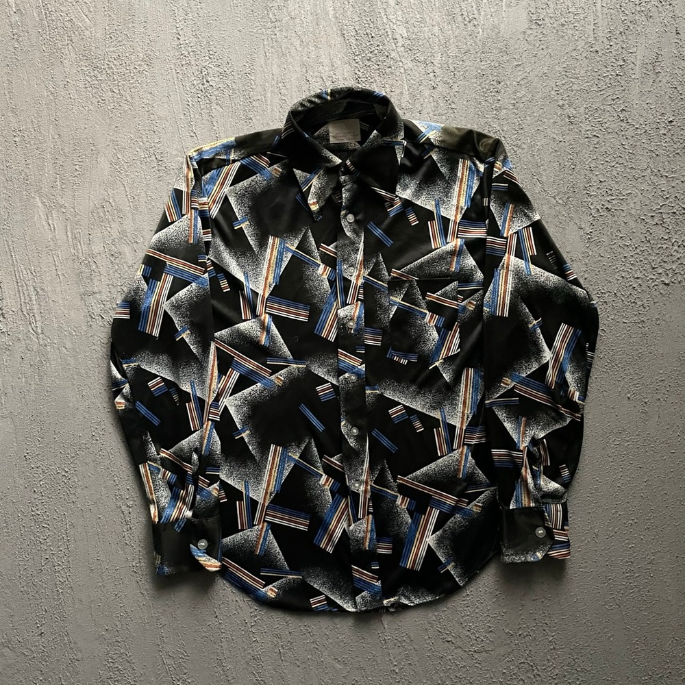 Vintage Geometric Abstract Disco Shirt Mens Large Black 70s Unbranded